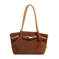 Deep brown faux suede tote bag with long leather straps and silver metal buckle detail - Brown