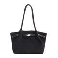 Minimalist black faux suede tote bag with long shoulder straps and silver metal hardware - Black