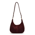 Retro burgundy suede crescent shoulder bag with adjustable leather strap and gold buckle - Burgundy