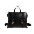Retro black leather messenger bag with large capacity and contrasting white stitching - Black