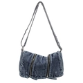 Retro blue washed denim crossbody bag featuring decorative vertical double zippers - Denim Blue
