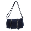 Minimalist denim shoulder bag in blue with dual zippers and adjustable strap for women - Dark Blue