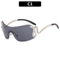 Y2K fashion sunglasses with grey lenses and gold snake-shaped metal temples in C1 colorway - Silver Frame Grey Lens