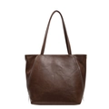 Dark brown leather tote bag with silver zippers and contrast white stitching details - Brown