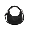 Minimalist black crescent bag with lychee texture and pleated scrunchie handle strap - Black