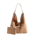 Khaki hobo tote bag with a matching pouch and a cute brown poodle plush charm - Khaki With Pendant