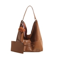 Brown large capacity leather tote bag with matching pouch and teddy dog charm - Brown No Pendant