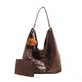 Dark brown leather tote bag set with hobo shoulder strap and plush dog charm - Coffee With Charms