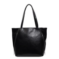 Minimalist black PU leather tote bag with white contrast stitching and decorative zippers - Black