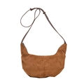Chic caramel brown faux suede crescent shoulder bag with dark brown leather strap - Brown