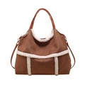 Retro large suede tote bag in dark brown with faux shearling trim and shoulder strap - Brown