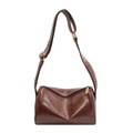 Retro brown cylinder bag with V-shaped zipper and geometric patterned shoulder strap - Brown