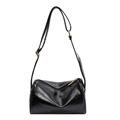 Glossy black PU leather cylinder shoulder bag with a patterned geometric strap - Black