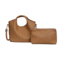 Braune Schultertasche aus Leder mit Litchi-Maserung und passendes kleines Beutelset - Khaki