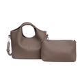 Brown-gray bucket bag in litchi grain leather with matching pouch and wide strap - Gray