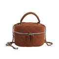 Brown quilted mini crossbody bag in matte finish with chain strap and dual zippers - Brown