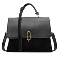 Classic black handbag with suede contrast panel and gold buckle detail shown on white background - Black