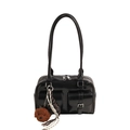 Glossy black patent leather shoulder bag with front pockets and cute teddy pendant - With Pendant / Black