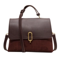 Retro burgundy suede crossbody bag with dark brown leather flap and gold clasp - Brown