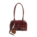 Retro dark red patent leather pillow bag with dual front buckle pockets and plush charm - With Pendant / Red