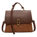 Vintage style brown two-tone paneled handbag with suede finish and gold metal buckle - Brown