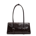 Bolso de hombro largo en cuero encerado marrón oscuro brillante y hebillas plata - Café
