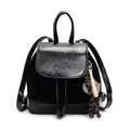 Women's black matte and glossy leather backpack with sporty baseball bag charm decoration - With Pendant / Black