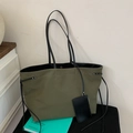 Army green canvas tote bag with black shoulder straps and a detachable small pouch - Green