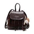 Dark brown retro backpack in mixed leather textures with baseball-themed charm - With Pendant / Coffee