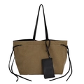 Bolso tote de lona minimalista con correas de cuero negro y un monedero extraíble - Caqui