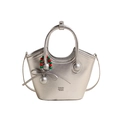 Sac seau argenté métallisé avec poignées circulaires et breloque en perles colorées - Argenté
