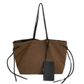 Bolso tote de lona marrón con correas de cuero negro y monedero con cremallera a juego - Marrón