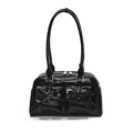Borsa a tracolla in pelle PU nera lucida con due tasche frontali e fiocchi - Nero