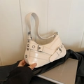 Chic beige half-moon shoulder bag with silver eyelets and buckle strap in y2k style - White