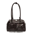 Dark brown high-gloss PU leather shoulder bag with ballet style bow accents and dual pockets - Brown