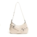 Cream white faux leather underarm crescent bag with silver metallic buckle details - White