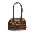 Borsa a spalla in PU marrone lucido stile bowling con tasche decorate con fiocchi - Marrone