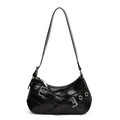 Black glossy leather underarm hobo bag with silver buckle straps and eyelet details - Black