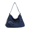 Donkerblauwe denim shopper met vintage metalen ketting en bijpassend mini-tasje eraan - Donkerblauw
