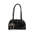 Glossy black underarm bag with double pockets and a pearl bow charm decoration - Black