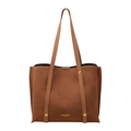 Braune Wildleder-Tragetasche mit Lederriemen und goldener Aufschrift im Retro-Minimal-Stil - Hellkaffee
