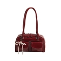 Glossy burgundy shoulder bag with pearl beaded bow and dual front pockets detail - Red