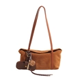 Brown suede tote bag with shoulder strap and baseball pendant on a white background - Caramel With Charms
