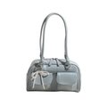 Light blue faux leather shoulder bag with double pockets and pearl bow charm detail - Blue