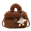 Brown fuzzy plush bucket bag with cute eye bag charm and leather crossbody strap - With Charm / Brown