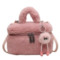 Pink plush fleece bucket bag with matching fuzzy handle and detachable shoulder strap - With Charm / Pink
