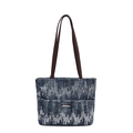 Blue and white textured tote bag with shimmering silver sequins and brown straps - Brown