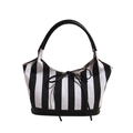 Bolso tote de lona a rayas blancas y negras con asas de cuero negro y detalle de lazo - Rayas Blancas y Negras