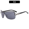 Y2K rimless shield sunglasses featuring grey lenses and metal chain temples in C1 style - Black Frame Grey Lens