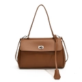 Minimalist brown lychee pattern leather shoulder bag with a silver square metal clasp - Brown